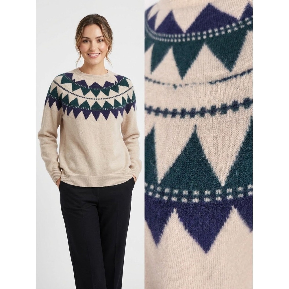 Saks Fifth Avenue Cashmere Sweater L Beige Fair Isle Geometric Crew Neck Luxury